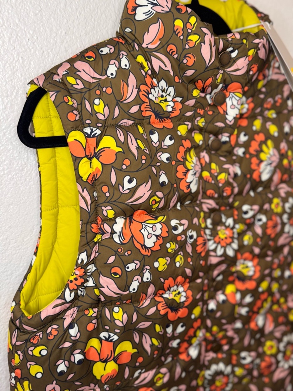 NWT Boden Reversible Puffer Vest Floral Khaki Neon Yellow - US 8 / Medium‎ - Picture 4 of 16
